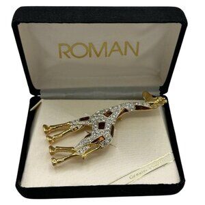 Vintage Roman Gold Tone Encrusted Clear and Amber Rhinestones Giraffe Brooch Pin